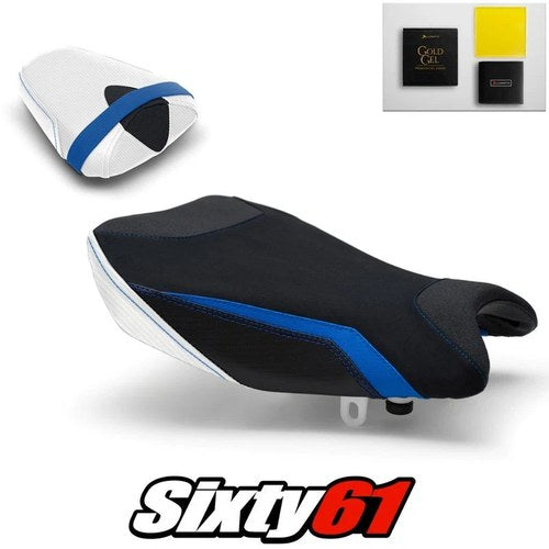 Suzuki Gsxr 1000 Seat Covers and Gel 2017-2024 Blue White Luimoto Tec-Grip Suede