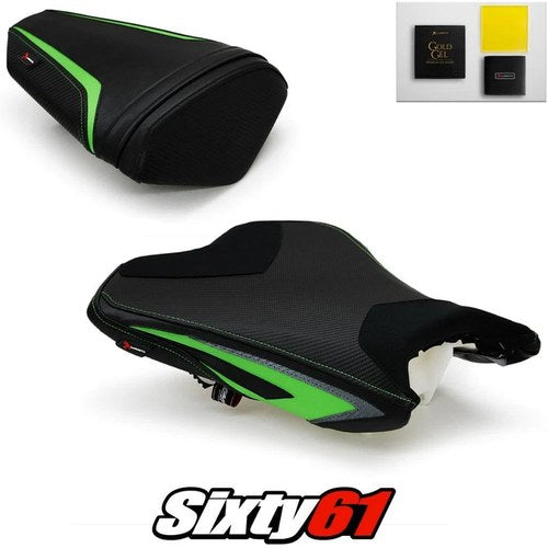 Kawasaki ZX6R Seat Covers and Gel 2013-2018 Black Green Luimoto Carbon Suede