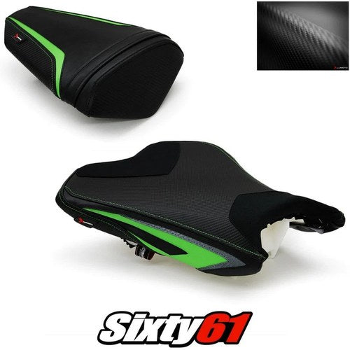 Kawasaki ZX6R Seat Cover 2013-2018 Front Rear Black Green Luimoto Carbon Suede