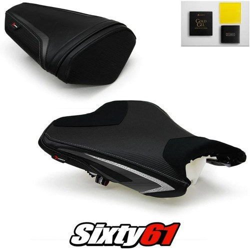 Kawasaki ZX6R Seat Covers and Gel 2013-2018 Black Silver Luimoto Carbon Suede