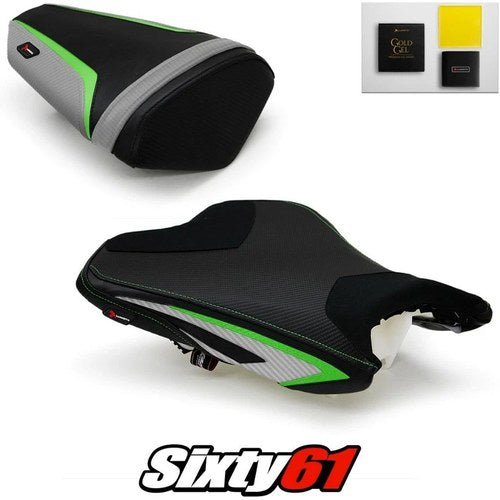 Kawasaki ZX6R Seat Covers and Gel 2013-2018 Green Silver Luimoto Carbon Suede