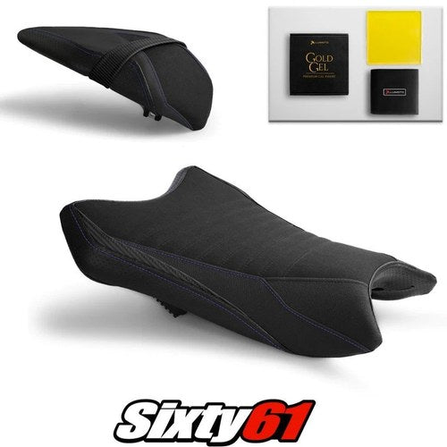 Kawasaki ZX6R Seat Covers and Gel 2019-2026 Black Blue Luimoto Tec-Grip Suede
