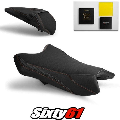 Kawasaki ZX6R Seat Covers and Gel 2019-2026 Black Orange Luimoto Tec-Grip Suede