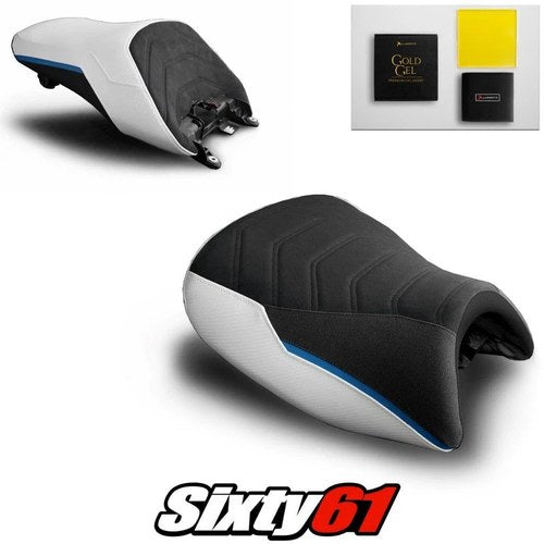 BMW K1600GT Seat Covers and Gel 2010-2025 2026 White Blue Luimoto Tec-Grip Suede