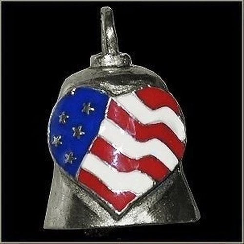 Pewter Motorcycle Gremlin Bell Red White Blue Heart Shaped Flag Made in the Usa