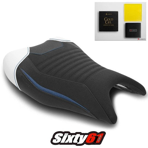 Suzuki Hayabusa Seat Cover with gel 2021-2025 Luimoto White Blue Tec-Grip Suede