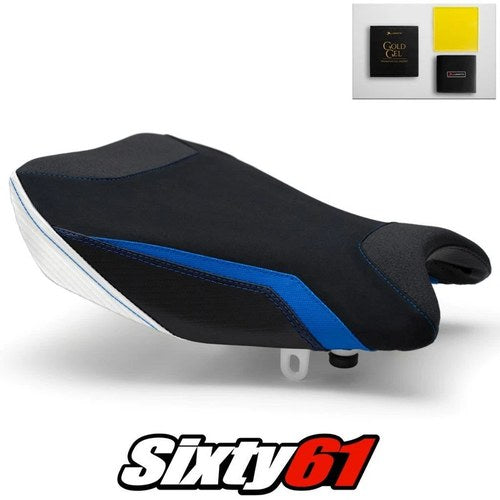 Suzuki Gsxr 1000 Seat Cover and Gel 2017-2024 White Blue Luimoto Tec-Grip Suede