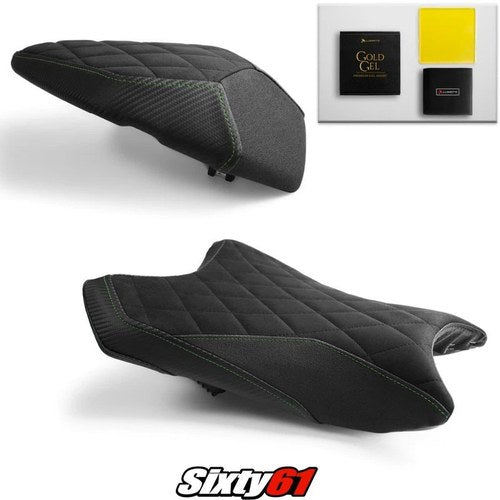 Kawasaki ZX6R Seat Covers with Gel 2019-2026 Black Green Luimoto Tec-Grip Suede