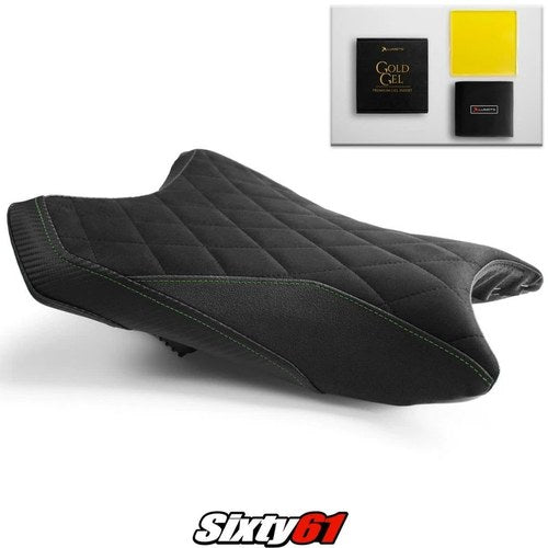 Kawasaki ZX6R Seat Cover with Gel 2019-2026 Black Green Luimoto Tec-Grip Suede