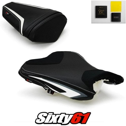 Kawasaki ZX6R Seat Covers and Gel 2013-2018 Black White Luimoto Carbon Suede