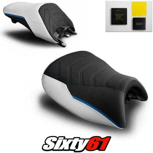 BMW K1600GT Seat Covers and Gel 2010-2025 2026 White Blue Luimoto Tec-Grip Suede