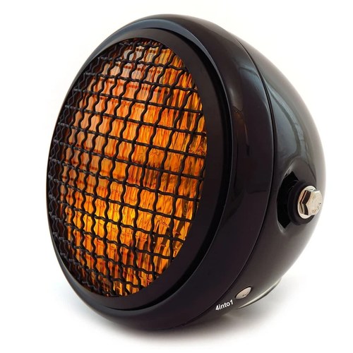 6.5" H4 Halogen Motorcycle Headlight w/ Grill - Gloss Black Matte Black Amber