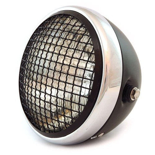 7" Side Mount Motorcycle Headlight w/ Grill - Matte Black Chrome - Clear Halogen