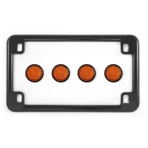 Gloss Black Motorcycle License Plate Frame w/ 4 Amber Reflector Bolts Set