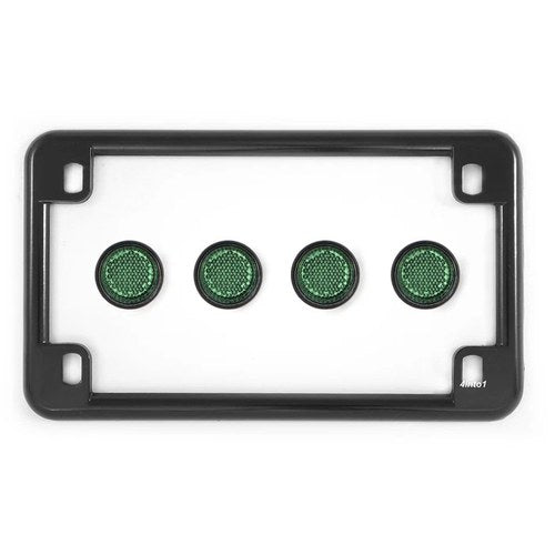 Gloss Black Motorcycle License Plate Frame w/ 4 Green Reflector Bolts Set