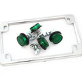 Chrome Motorcycle License Plate Frame w/ 4 Green Reflector Bolts Set