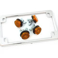 Chrome Motorcycle License Plate Frame w/ 4 Amber Reflector Bolts Set