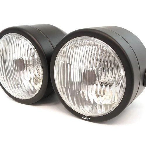 Side Mount Dual H4 Halogen 12V Motorcycle Headlights 4.25 Inch Matte Black Clear