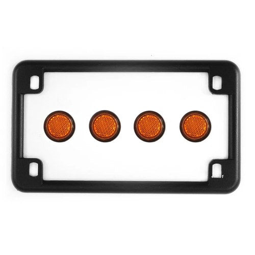 Matte Black Motorcycle License Plate Frame w/ 4 Amber Reflector Bolts Set