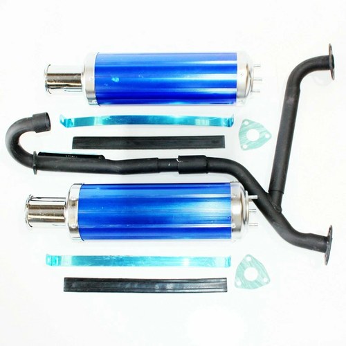 Twin Exhaust Pipe Blue Alloy Mufflers 250cc Hummer Style Farm Quad Dirt Bike ATV