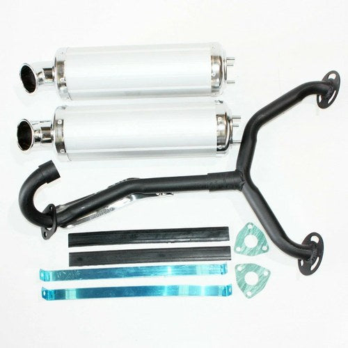 Twin Exhaust Pipe Silver Alloy Mufflers 250cc Dinosaur Style Quad Dirt Bike ATV