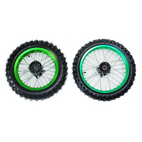 Green 12mm 14 Inch Front + 12 Inch Rear Wheel Rim Tyre Tire Pit Pro Dirt Bike