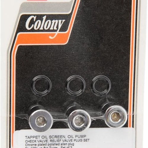 Colony Allen Head Tappet Oil Screen/Relief/Check Valve Plug Chrome 3-Pack