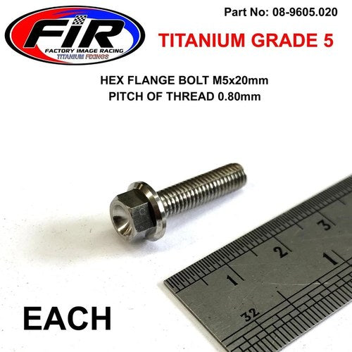 Titanium GR5 Bolt M5 x 20mm Each, Flange OD: 9.90mm / Hex Size: 7mm, /
