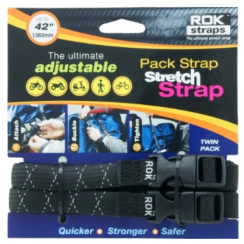 Rok Straps Adjustable Motorcycle/ATV Stretch Strap Twin Pack - 42" Length, Black