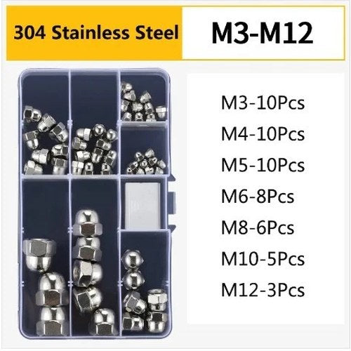 52pcs Dome Cap Nuts 304 Stainless Steel Set M3/M4/M5/M6/M8/M10/M12