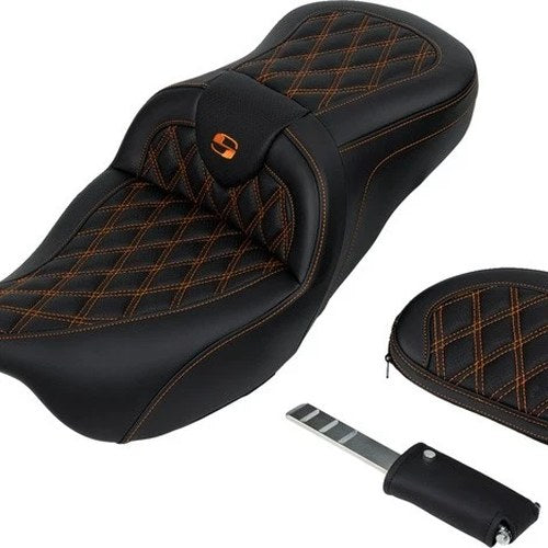 Saddlemen RoadSofa LS Seat With Backrest Orange Stitch #284807 Harley Davidson