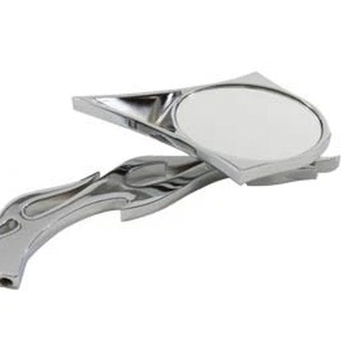 Chrome Spike Oval Mirror with Billet Flame Stem for Harley-Davidson