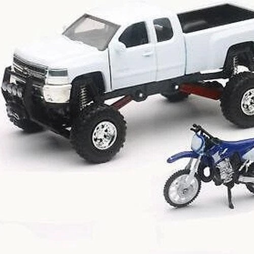 Newray Die Cast Model Truck & Dirt Bike, White Chevy & Yamaha YZ 125, Scale 1:32