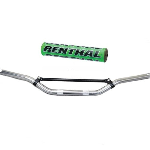 Motocross 7/8" 22mm MX Handlebar Silver Aluminium Braced & Green Renthal Bar Pad