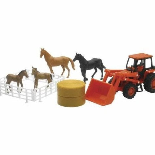 Newray Die Cast Model Kubota Farm Tractor With Loader And Horse Set, Scale 1:32