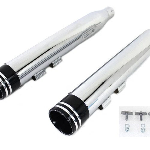 Wyatt Gatling Muffler Set Chrome with Black 2 Ring Comet Tip for Harley-Davidson