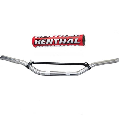 Motocross 7/8" MX Handlebar Silver Aluminium Braced & Red Renthal Bar Pad