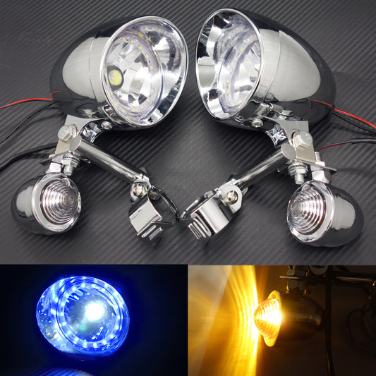 Chrome Bullet Turn Signal LED Driving Spot Fog lights Bar With Blue Angel Eye