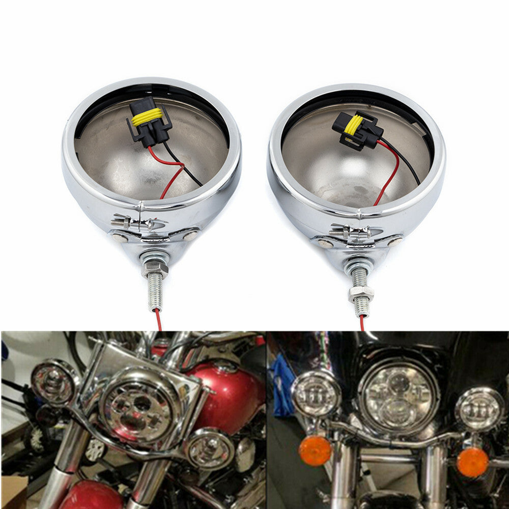 2x Motorcycle Chrome 4.5" LED Metal Passing Fog Light Housing Holder For Harley