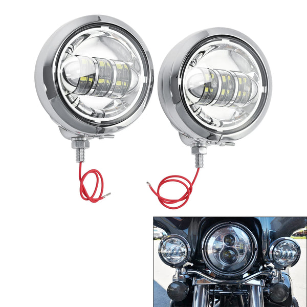 Pair 4.5" LED Auxiliary Spot Fog Passing Lights & Housing Bucket Fit For Harley