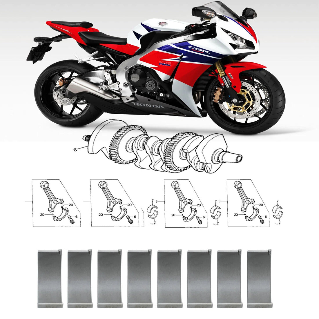 8PCS Connecting Rod Bearing for HONDA CBR1000RR Fireblade 04-07 CB1000R 11-23