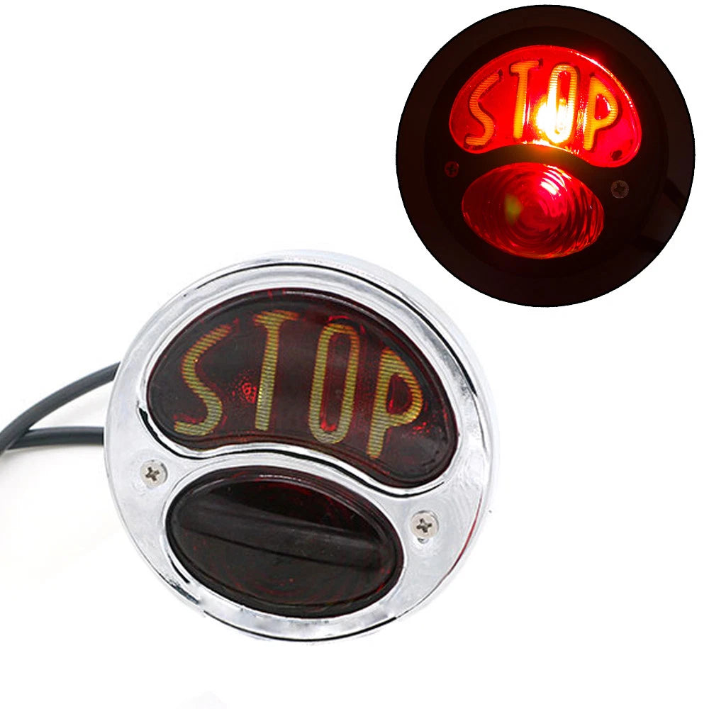 Motorcycle Vintage Chrome "STOP" Round Tail Brake Light For Harley Cafe Racer