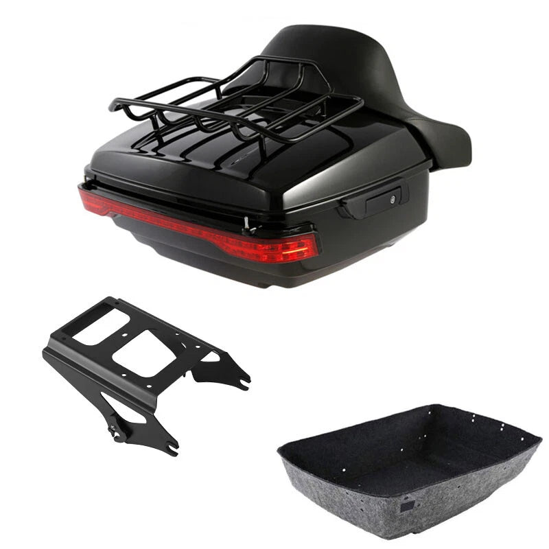 King Trunk Backrest Pad Top Rack LED Light Mount Fit For Harley Road Glide 09-13