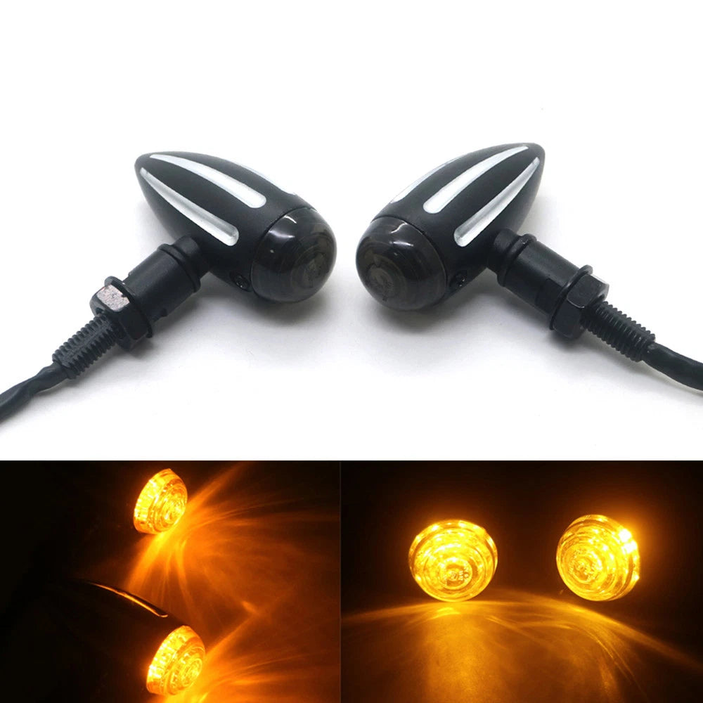 2X Bullet LED Black CNC Edge Cut Turn Signal Light For Harley Cafe Racer Custom