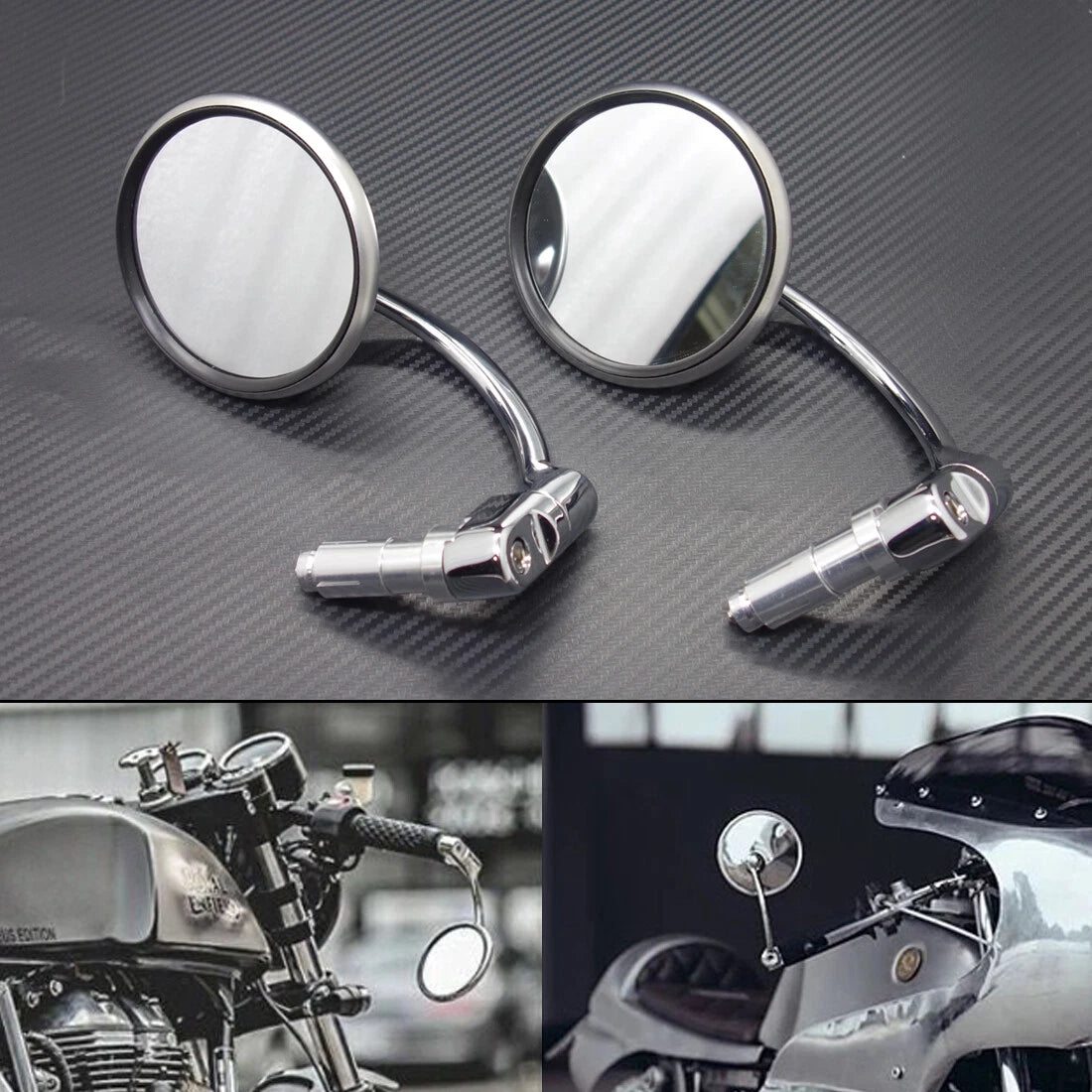 Silver Retro Metal 7/8" Handle Bar End Side Round Rearview Mirror For Cafe Racer