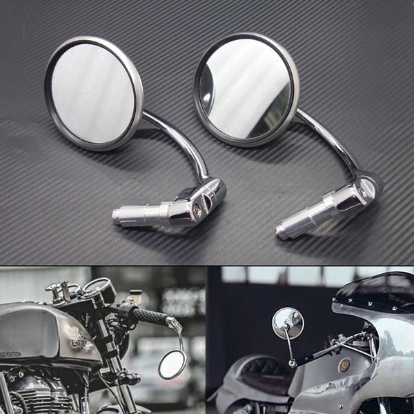 Silver Retro Metal 7/8" Handle Bar End Side Round Rearview Mirror For Cafe Racer