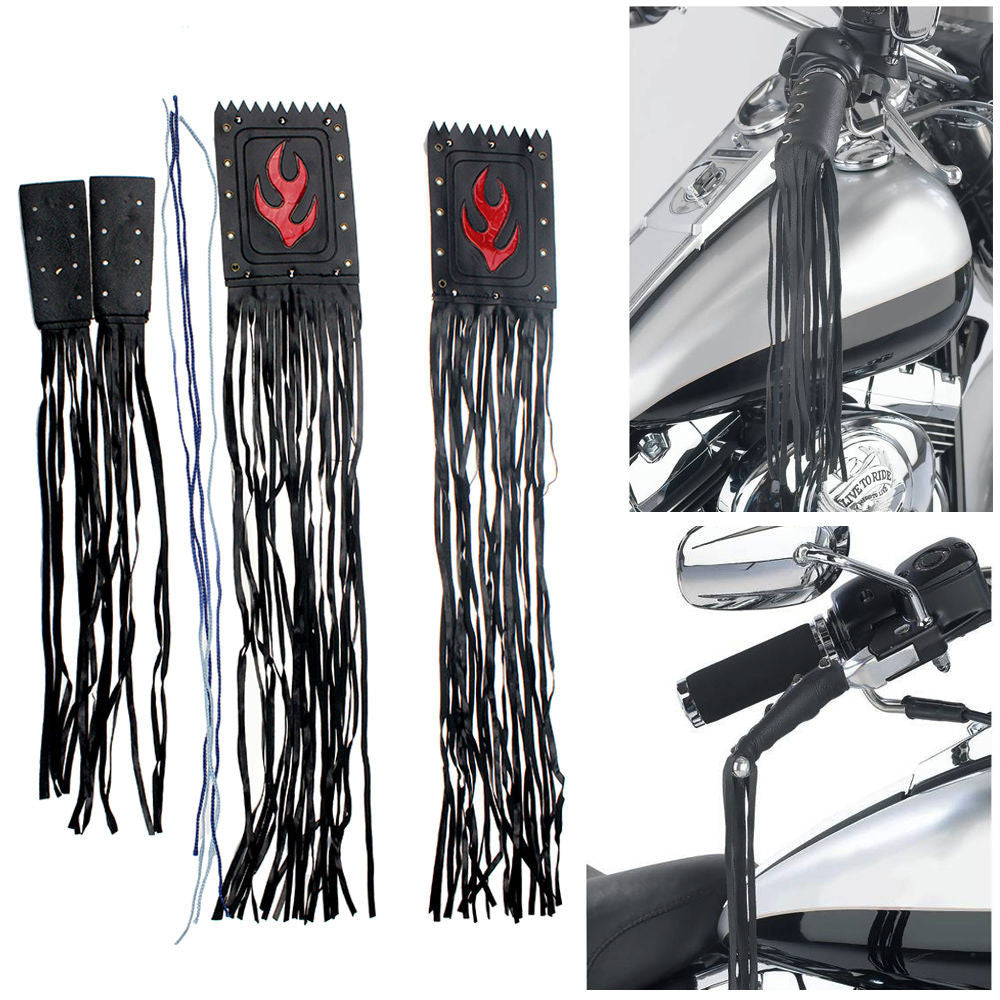 Motorcycle Black Faux Leather Grip Lever Cover Handlebar Fringe Streamers Tassel