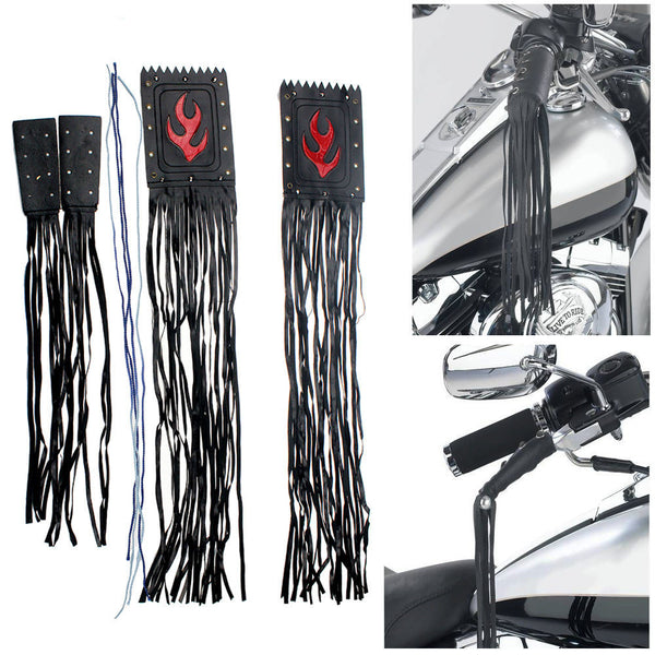 Motorcycle Black Faux Leather Grip Lever Cover Handlebar Fringe Streamers Tassel