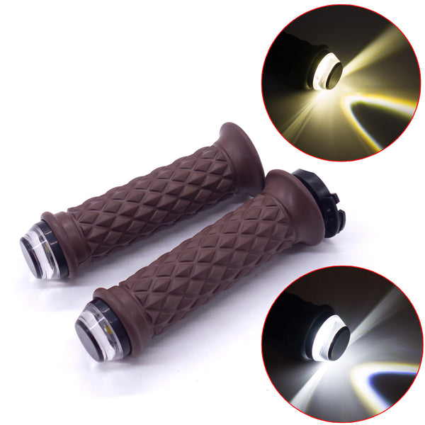 Motorcycle 7/8" 22mm Brown Handlebar Hand Grip With LED Plug Strobe Side Light