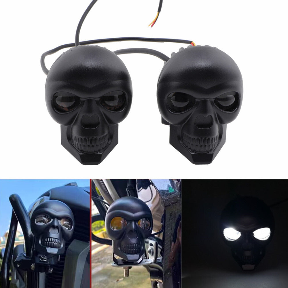 Black Skull LED Passing Driving Spot Fog Light For Harley Bobber Chopper Custom